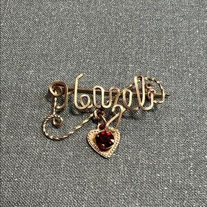 Vintage 12 KT Gold Plate Name “Hazel” Brooch with Ruby Birthstone Heart Charm